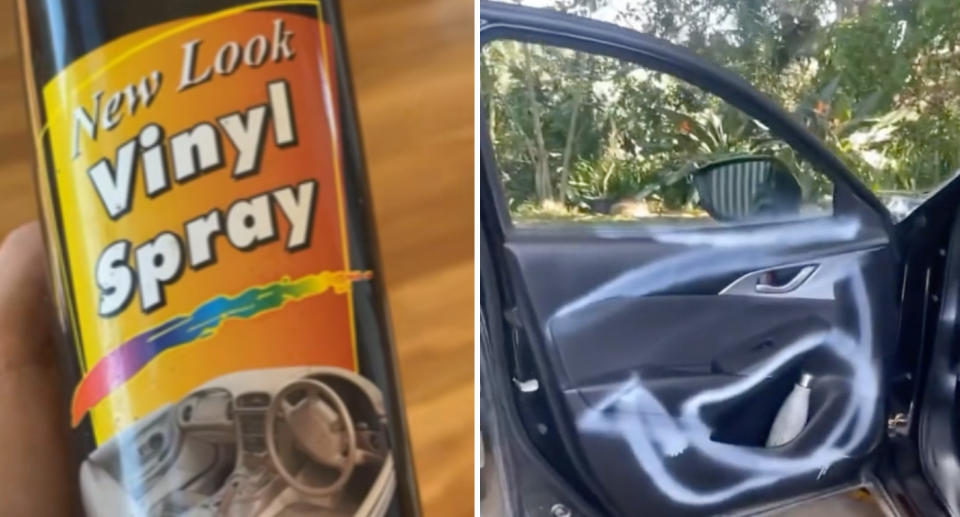 A 50/50 picture of the spray paint label and damaged to passenger seat door.