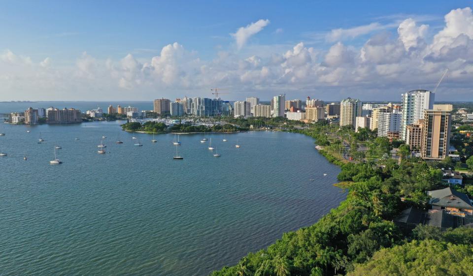 The downtown Sarasota skyline including Sarasota Bay.