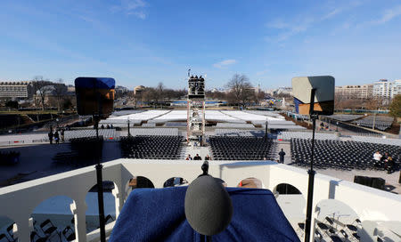 President-elect Donald Trump's view from his podium, where he will deliver his inaugural address on January 20, is seen during a dress rehearsal for the inauguration on the west front of the U.S. Capitol in Washington, January 15, 2017. REUTERS/Jim Bourg