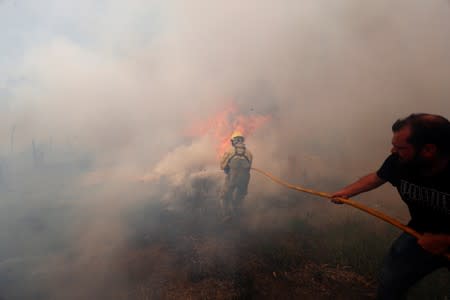 Firefighters help to put out a forest fire near the village of Vila de Rei,