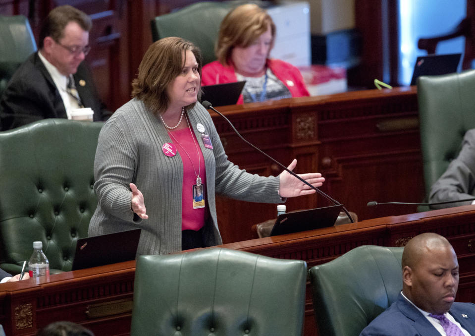 Illinois state Rep. Joyce Mason, D-Gurnee, speaks in favor of the Reproductive Health Act on the floor of the Illinois House chambers Tuesday, May 28, 2019, in Springfield, Ill. The House voted 64-50 on Rep. Kelly Cassidy's Reproductive Health Act, which would rescind prohibitions on some late-term abortions and restraints such as criminal penalties for doctors performing abortions. (Ted Schurter/The State Journal-Register via AP)