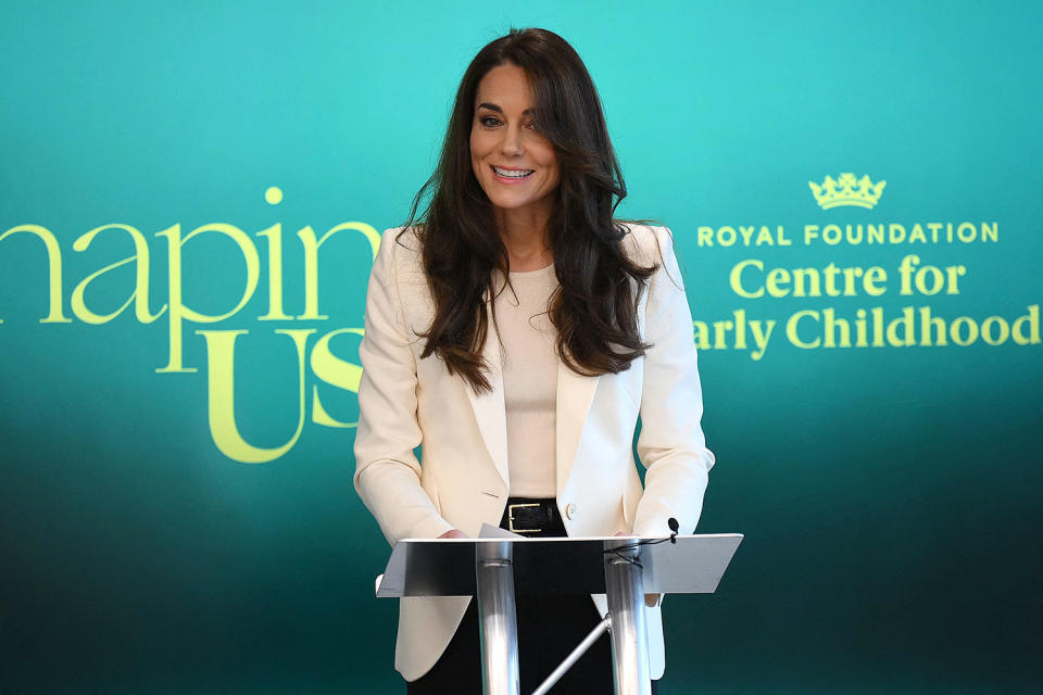 <p>The Princess of Wales was <a href="https://people.com/royals/kate-middleton-launches-new-business-taskforce-early-childhood-mission/" rel="nofollow noopener" target="_blank" data-ylk="slk:all business;elm:context_link;itc:0;sec:content-canvas" class="link ">all business</a> in black and white for the first meeting of her new Business Taskforce for Early Childhood on March 21, taking the podium in a white blazer by Alexander McQueen (the designer behind her 2011 <a href="https://people.com/royals/royal-wedding-2011-kate-middleton-and-prince-william/" rel="nofollow noopener" target="_blank" data-ylk="slk:wedding gown;elm:context_link;itc:0;sec:content-canvas" class="link ">wedding gown</a>) with a coordinating top, black pants and heels.</p>