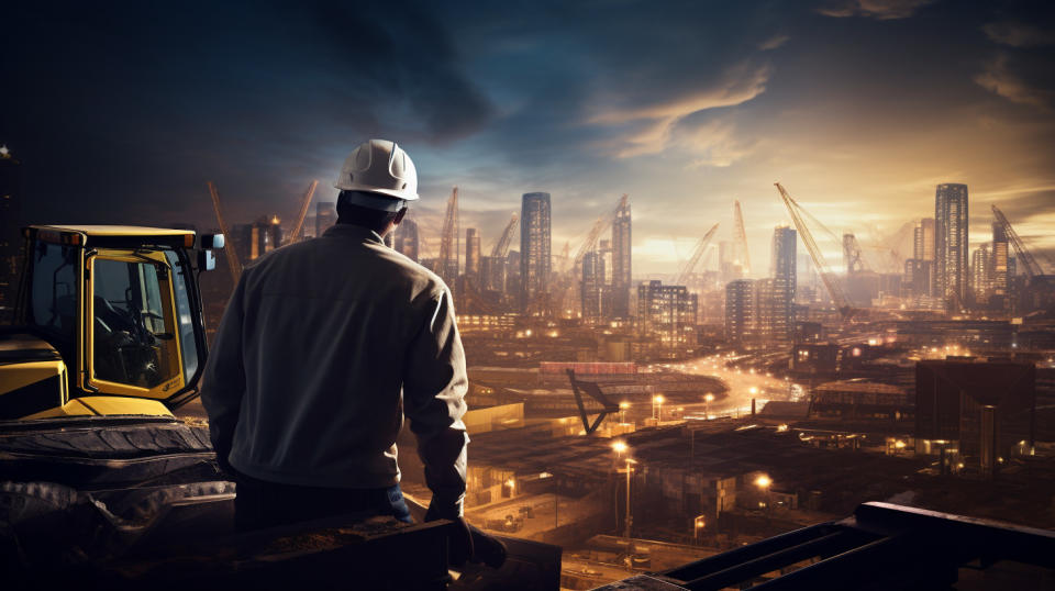 A worker operating heavy machinery on a large construction site, at the center of a bustling city skyline.