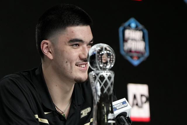 AP Player of the Year, Purdue's Zach Edey speaks a at press conference during the Final Four NCAA college basketball tournament on Saturday, April 1, 2023, in Houston. (AP Photo/David J. Phillip)