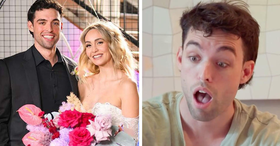 L: MAFS couple Ollie Skelton and Tahnee Cook on their wedding day. R: Ollie Skelton shocked