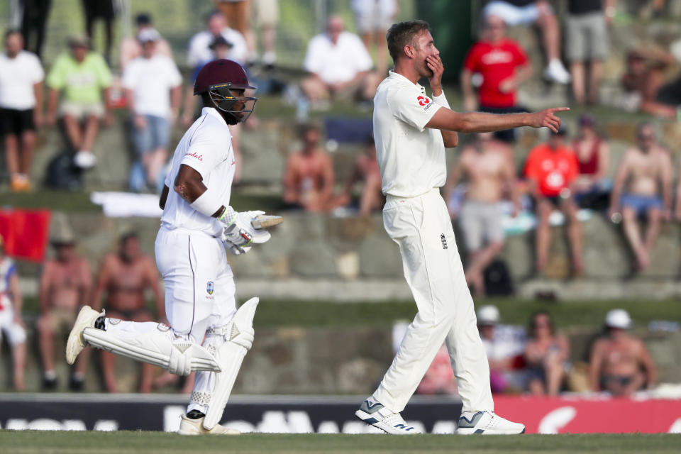 England's bowler Stuart Broad gestures as West Indies' John Campbell scores runs during day one of the second Test cricket match at the Sir Vivian Richards Stadium in North Sound, Antigua and Barbuda, Thursday, Jan. 31, 2019. (AP Photo/Ricardo Mazalan)