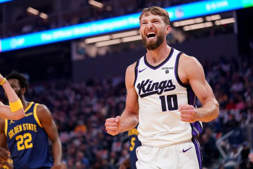 Sacramento Kings forward Domantas Sabonis (10) reacts after being fouled while attempting a shot against the Golden State Warriors in the first quarter Wednesday, Nov. 1, 2023, at the Chase Center in San Francisco.