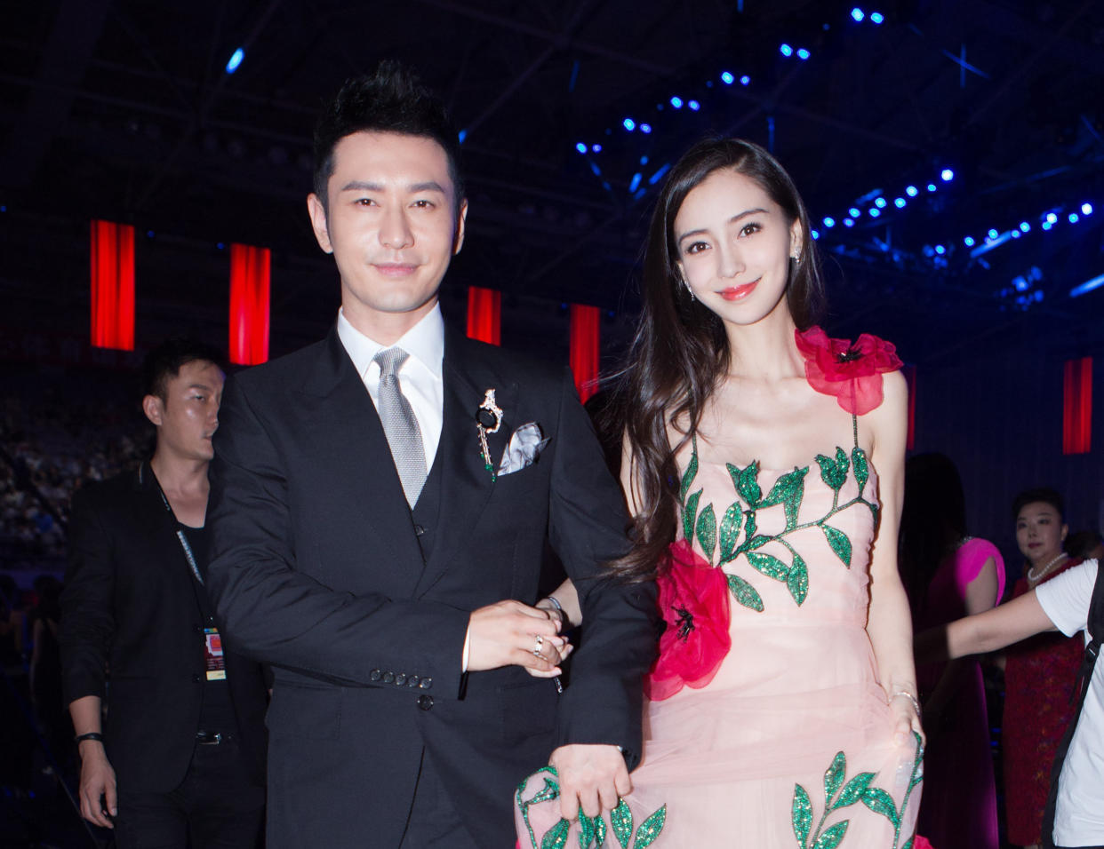 BEIJING, CHINA - SEPTEMBER 09:  Actor Huang Xiaoming and wife Angelababy pose at red carpet of the 2016 Bazaar Star Charity Night on September 9, 2016 in Beijing, China.  (Photo by Visual China Group via Getty Images/Visual China Group via Getty Images)