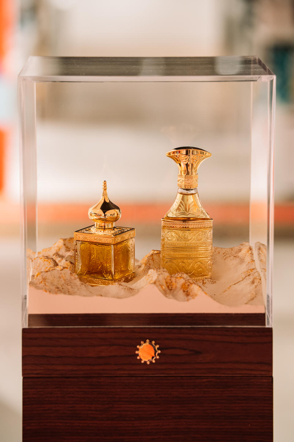 The Cristal & Gold 2023 limited-edition fragrances by Amouage displayed at the Rinascente Beauty Fair in Milan.