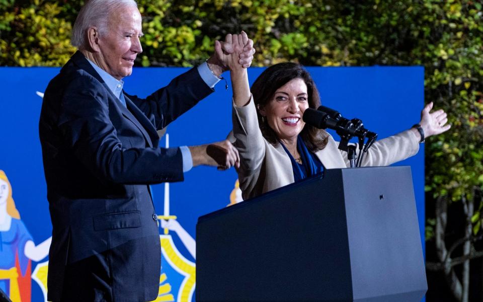 Joe Biden and New York Gov. Kathy Hochul on Sunday - AP Photo/Craig Ruttle