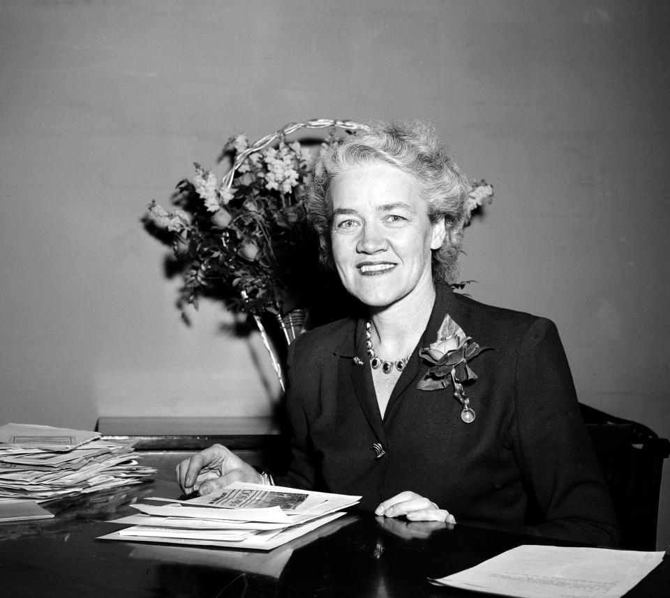 <a href="http://www.senate.gov/artandhistory/history/common/briefing/women_senators.htm"><strong>Served from:</strong></a> 1949-73  Sen. Margaret Chase Smith (R-Maine) smiles on Jan., 5, 1949 in her Washington office. (AP Photo) 