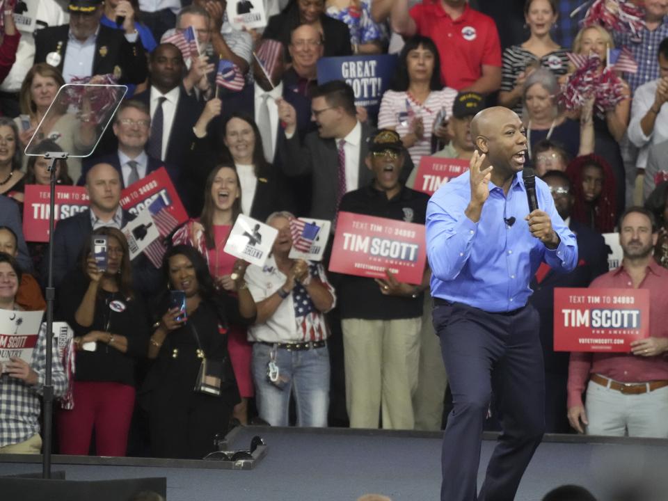 Sen. Tim Scott, R-S.C. Scott gives remarks at his presidential campaign announcement event at his alma mater, Charleston Southern University, on Monday, May 22, 2023, in North Charleston, S.C. Scott formalized his bid last week with federal campaign paperwork. (AP Photo/Meg Kinnard)