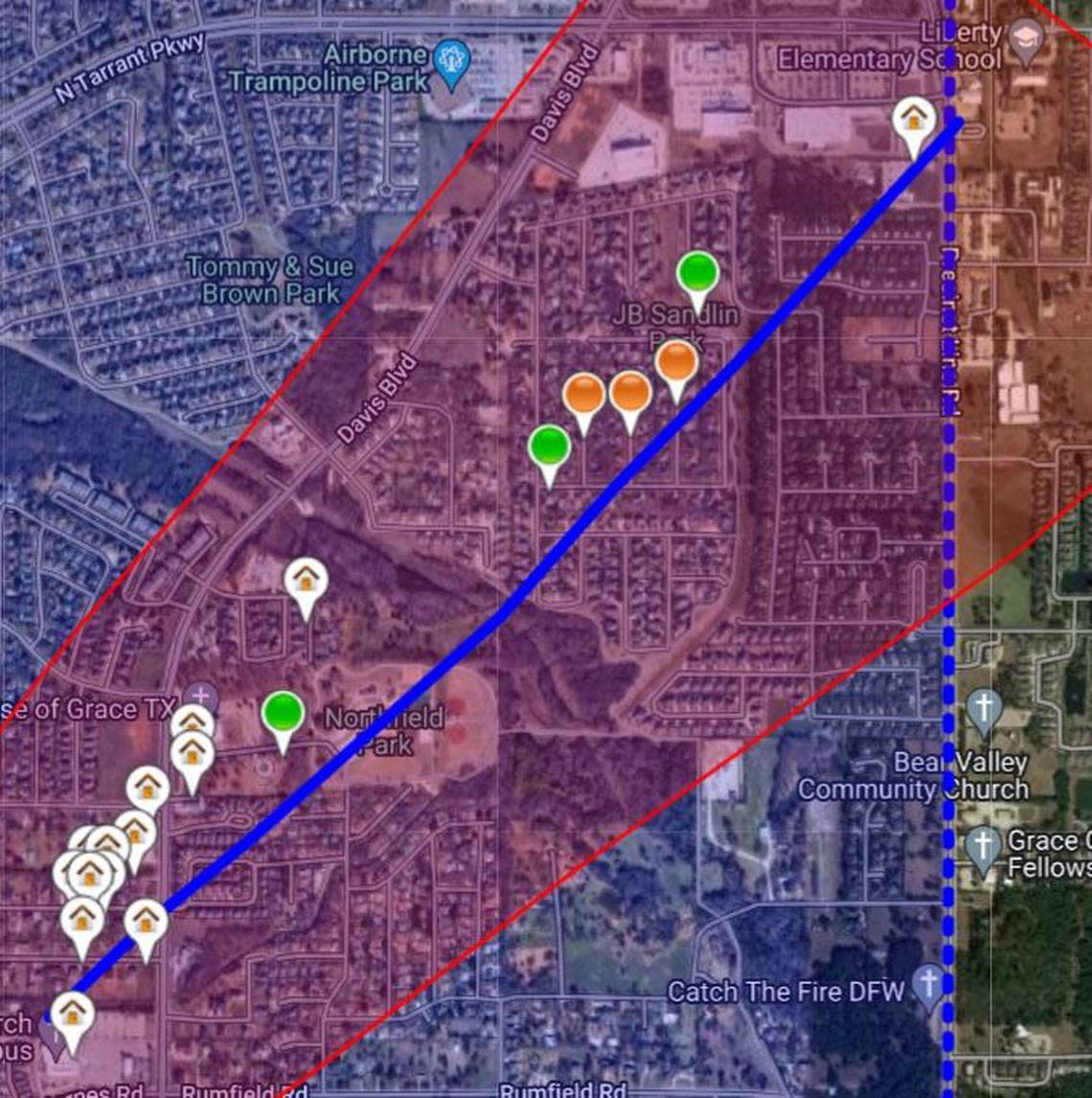 An image released by North Richland Hills police shows the rough path of storm damage in the city on Dec. 13, 2022.