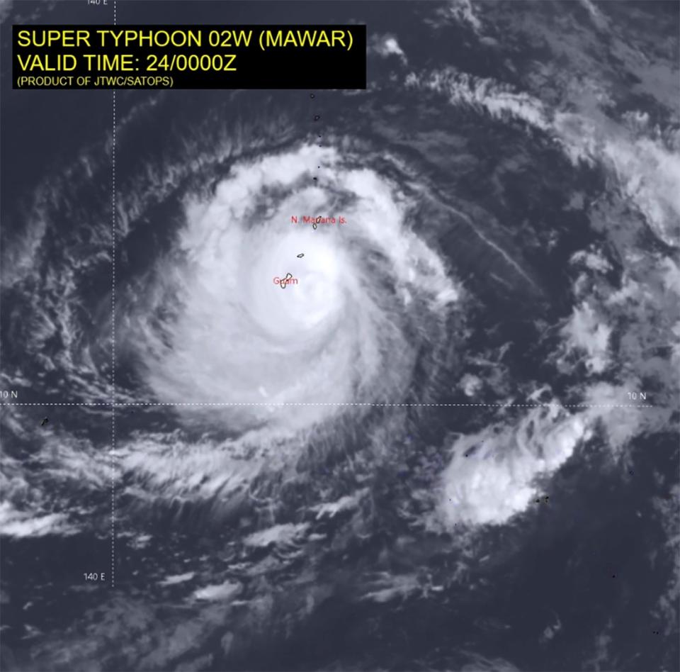 Infrared satellite image shows Typhoon Mawar as it approached Guam on Wednesday (AP)