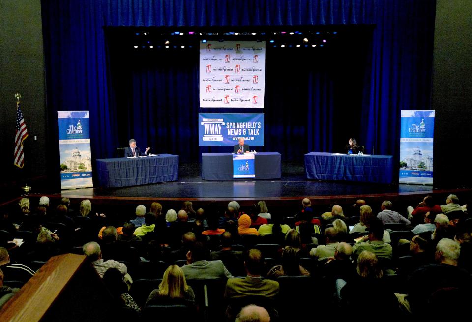 Mayor Jim Langfelder and city treasurer Misty Buscher, participate in a forum at the Hoogland Center for the Arts (LRS Theatre) Wednesday Jan. 25. 2023 moderated by Bernie Schoenburg, retired State Journal-Register political writer and columnist.