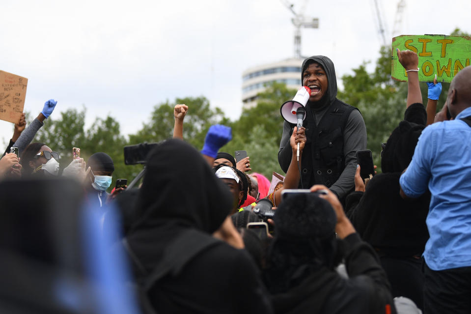 Actor John Boyega speaks at a Black Lives Matter protest rally in Hyde Park, London, in memory of George Floyd who was killed on May 25 while in police custody in the US city of Minneapolis. (Photo by Victoria Jones/PA Images via Getty Images)