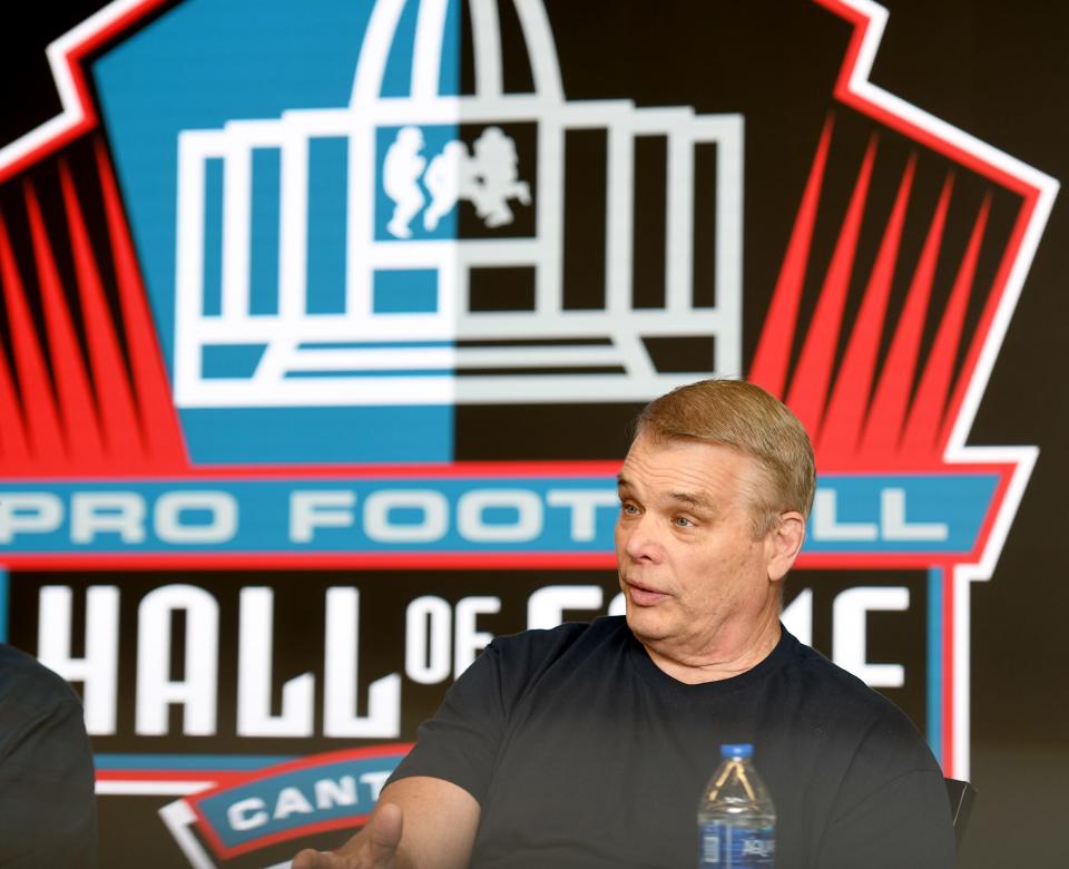 Joe Klecko answers a question at the Pro Football Hall of Fame, Thursday, March 16, 2023.