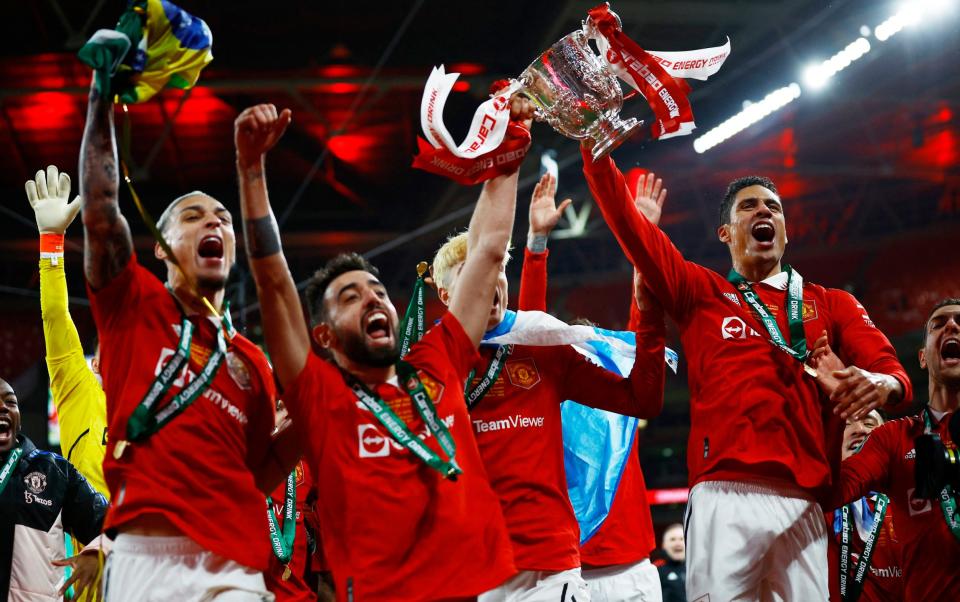 Manchester United celebrate the first major trophy of the Erik ten Hag era – Man United win Carabao Cup to crush Newcastle's dream of ending trophy drought - John Sibley/Action Images