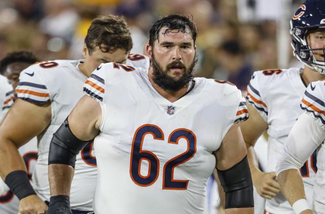 Chicago Bears guard Lucas Patrick (62) celebrates a Bears