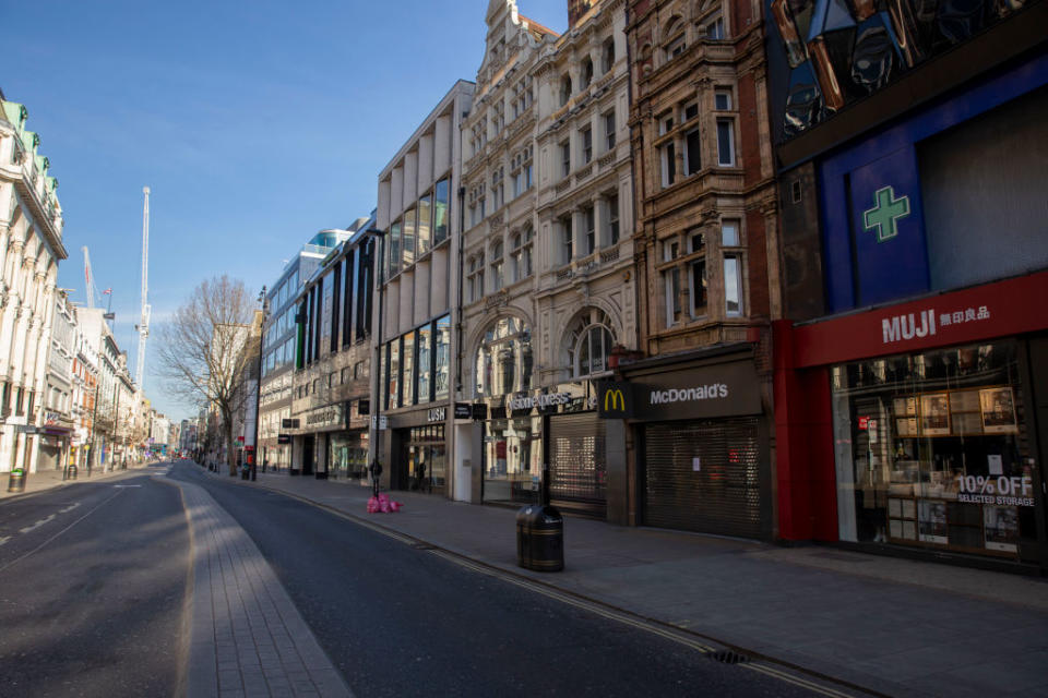 Major shops on Oxford Street, closed for business in London's lockdown. Source: Getty