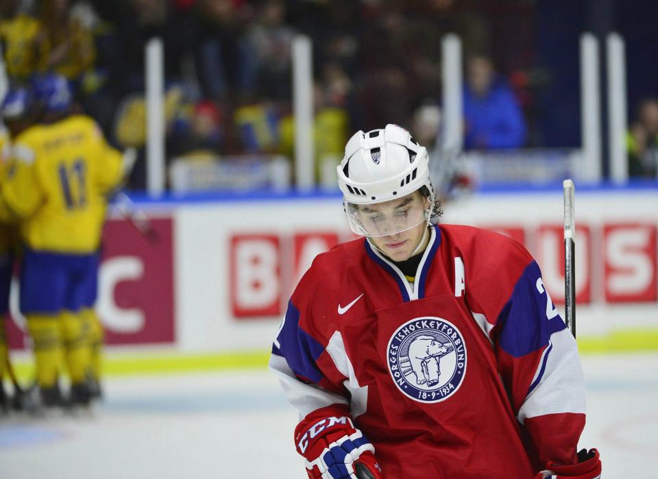 Norway reacts to Sweden's goal during IIHF game in Malmo