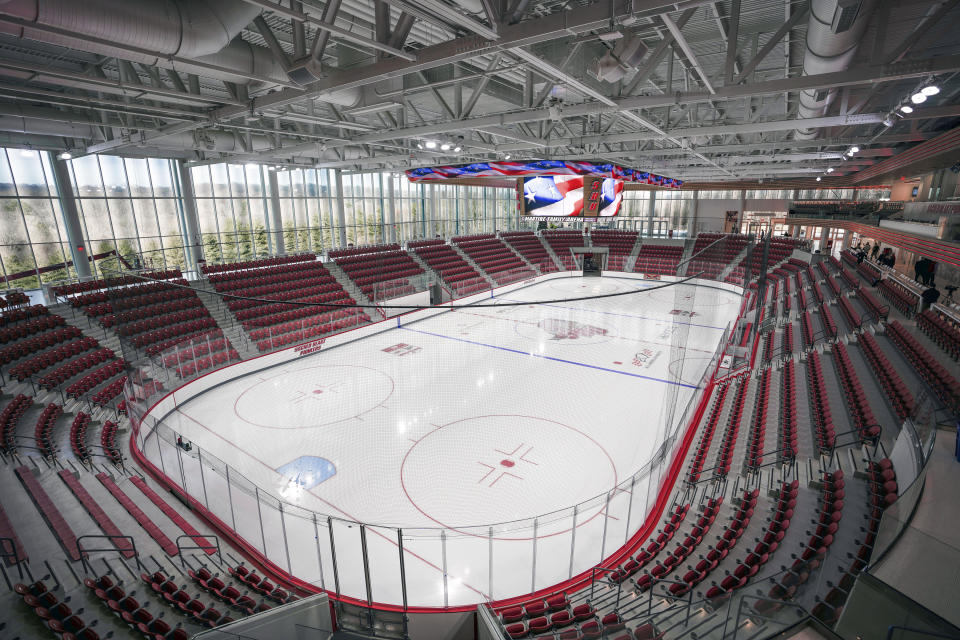 The newly constructed NCAA college hockey Martire Family Arena on the campus of Sacred Heart University is viewed in Fairfield, Conn., Monday, Jan 9, 2023. (AP Photo/Bryan Woolston)