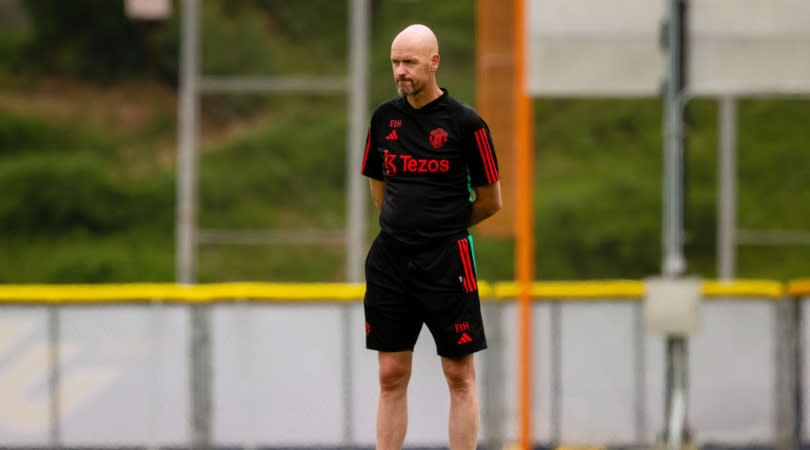  Manchester United manager Erik ten Hag looks on during a training session at Qualcomm Stadium on July 25, 2023 in San Diego, California. 