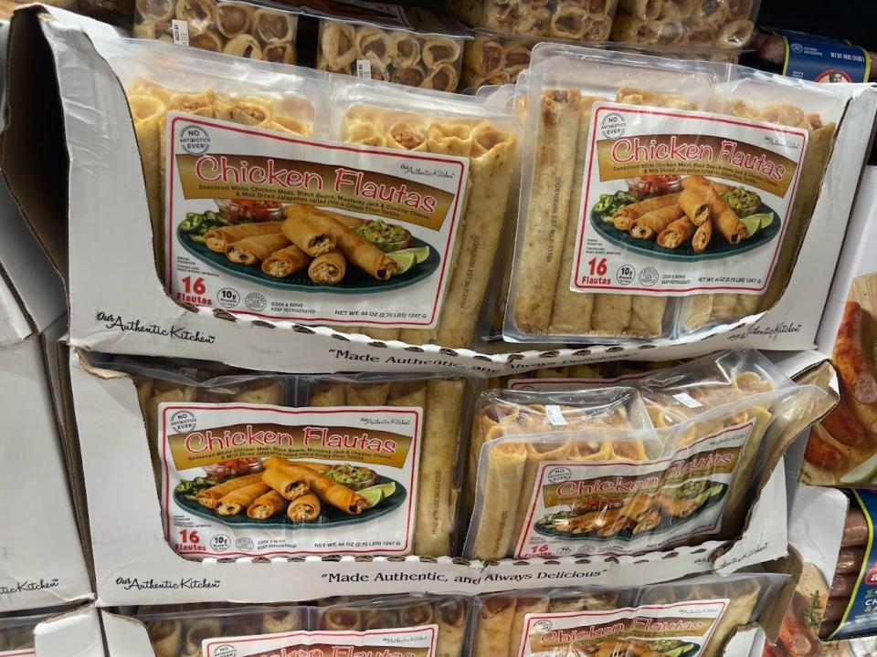 A display of large packages of chicken flautas.