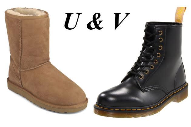 <b>Ugg-Boots & vegane Schuhe </b><br><br> Irgendwann fing in Hollywood irgendeine Dame damit an, unförmige Lammfellstiefel zu tragen – die Ugg-Boots. Seitdem sind sie im Winter unsere Rettung, wenn es zu kalt für jegliches ansehnliche Schuhwerk ist. Zum Buchstaben „V“ konnten wir doch tatsächlich auch einen Schuh finden - es gibt nämlich vegane Schuhe! Diese sind ohne tierische Materialien gefertigt. So zum Beispiel die guten alten Doc Martens, die rein äußerlich nicht von Lederschuhen zu unterscheiden sind, das Material ist aber vegan.