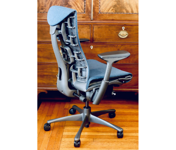 <p>Herman Miller makes some of the world's finest office chairs, including the iconic <a href="https://store.hermanmiller.com/office-chairs-aeron/aeron-chair/2195348.html?lang=en_US" rel="nofollow noopener" target="_blank" data-ylk="slk:Aeron;elm:context_link;itc:0;sec:content-canvas" class="link ">Aeron</a>, which you probably know by looks if not by name. Embody was designed with physicians and Ph.D.s in biomechanics, vision, physical therapy, and ergonomics.</p><p>According to Herman Miller, research proves Embody <a href="https://www.mensjournal.com/food-drink/52-foods-boost-penis-health-supercharge-libido-and-increase-pleasure" rel="nofollow noopener" target="_blank" data-ylk="slk:increases blood circulation;elm:context_link;itc:0;sec:content-canvas" class="link ">increases blood circulation</a> and can therefore improve oxygen flow and lower your heart rate. The pixelated support suspended from a central spine lets you move freely and change positions, while the narrow back helps your posture by allowing room for your shoulders and arms to rest in a more natural position. </p><p>It doesn’t immediately feel super-soft when you first sit in it, as it uses a multi-layered seat that's breathable like mesh but more supportive. Once you get used to that, this is one extremely comfortable chair for long periods without creating any pressure points. The suite of adjustments includes seat depth, height and recline, and arms that adjust both horizontally and vertically for optimal comfort. </p><p>This office chair ships fully assembled with a 12-year warranty. </p><p>[From $1,885; <a href="https://clicks.trx-hub.com/xid/arena_0b263_mensjournal?q=https%3A%2F%2Fwww.jdoqocy.com%2Fclick-100769973-14441061%3Fsid%3Dmensjournal_04-20%26url%3Dhttps%3A%2F%2Fstore.hermanmiller.com%2Fhome-office-chairs%2Fembody-chair%2F4737.html%3Fcjevent%3D047b700c30aa11ee829601310a82b82a%26utm_source%3Dcommissionjunction%26utm_medium%3Daffiliate%26cjdata%3DMXxOfDB8WXww%26sku%3D100147402&event_type=click&p=https%3A%2F%2Fwww.mensjournal.com%2Fgear%2Fbest-office-chairs&author=Stinson%20Carter&item_id=ci02c408b0f00027ce&page_type=Article%20Page&section=Gear&site_id=cs02b334a3f0002583" rel="nofollow noopener" target="_blank" data-ylk="slk:hermanmiller.com;elm:context_link;itc:0;sec:content-canvas" class="link ">hermanmiller.com</a>]</p>