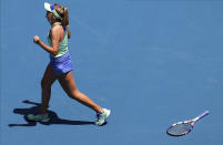 Sofia Kenin of the U.S. reacts after defeating Tunisia's Ons Jabeur in their quarterfinal match at the Australian Open tennis championship in Melbourne, Australia, Tuesday, Jan. 28, 2020.(AP Photo/Andy Wong)