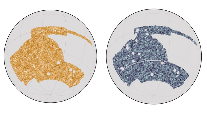 Maps of the sky from the Dark Energy Survey (left) and the South Pole Telescope (right).