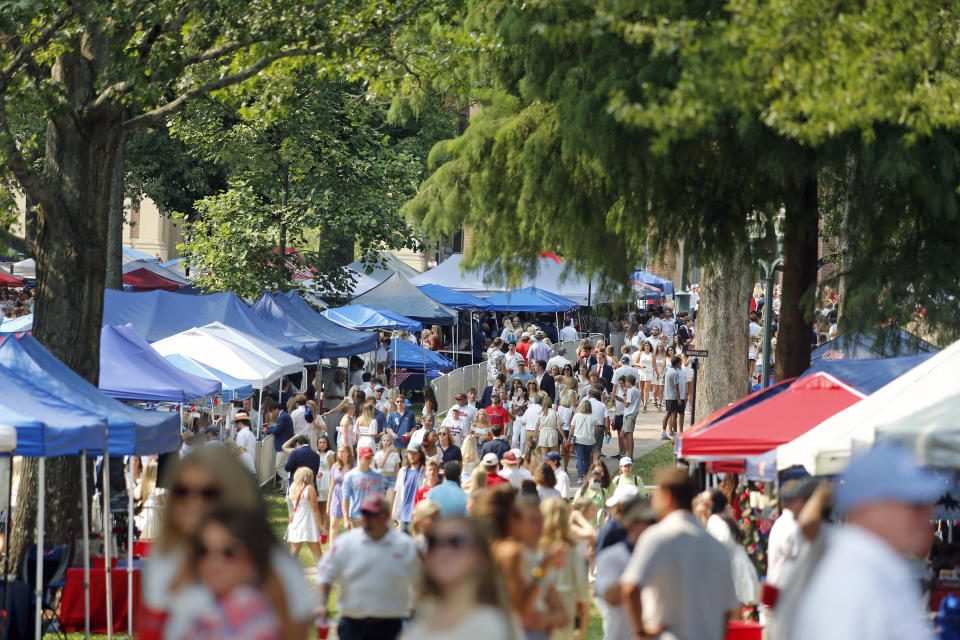 Sep 11, 2021; Oxford, Mississippi, USA; Mississippi Rebels fans in the Grove during pre-game before game against the Austin Peay Governors. Mandatory Credit: Petre Thomas-USA TODAY Sports