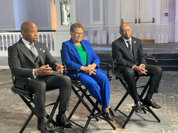 PHOTO: New York City Mayor Eric Adams, Los Angeles Mayor Karen Bass and Houston Mayor Sylvester Turner sit down for an interview. with ABC News' Jonathan Karl. (ABC News)