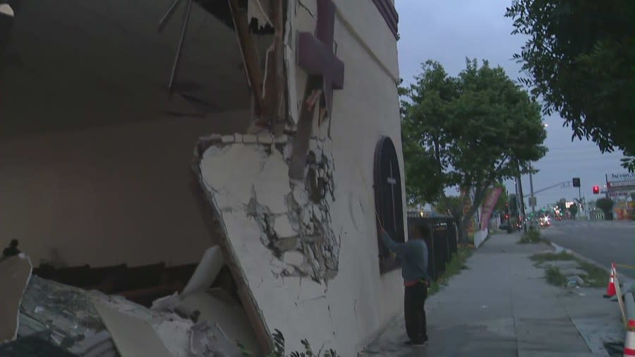 A church in South Los Angeles was damaged for the fourth time by a crash on May 4, 2024. (KTLA)