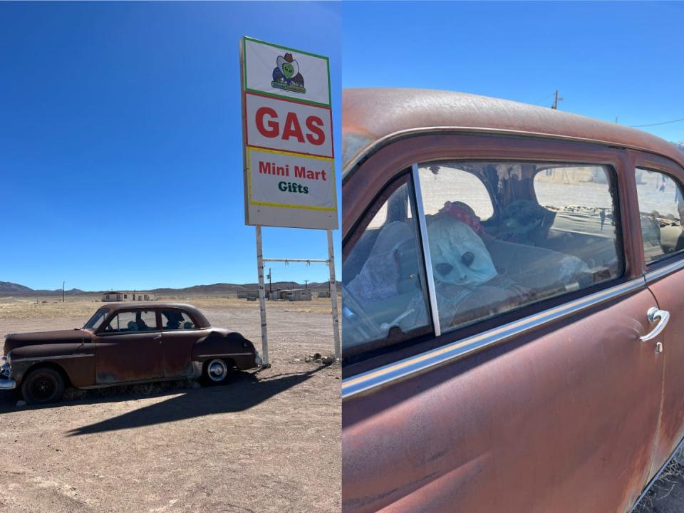 On the left, an old car in front of a sign with an alien that says "Gas, mini-mart, gifts." On the right, a creepy alien figure in the front seat of a car.