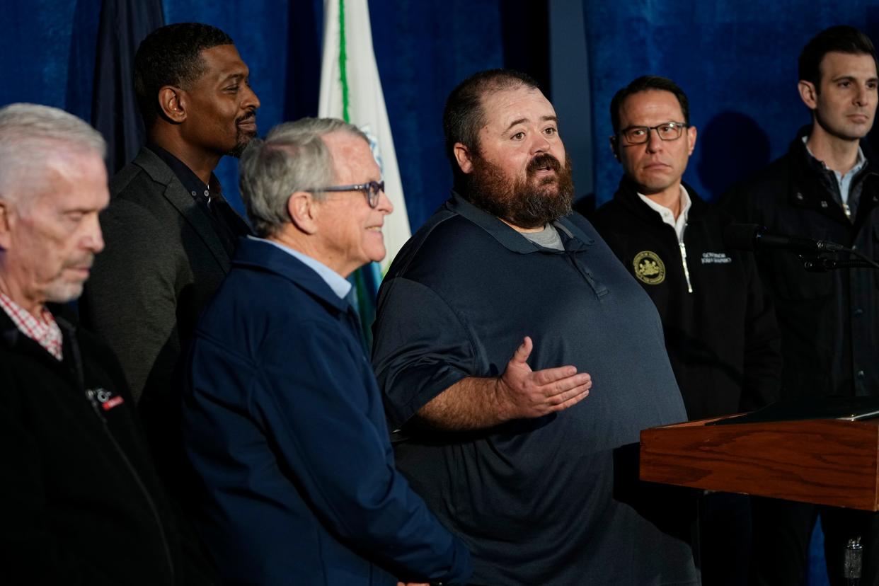 Feb 21, 2023; East Palestine, Ohio, USA;  East Palestine Mayor Trent Conaway speaks alongside federal and state officials during a news conference at the East Palestine community center. Work continues to clean up the vinyl chloride chemical spill from the Norfolk Southern train derailment on Feb. 3. Mandatory Credit: Adam Cairns-The Columbus Dispatch