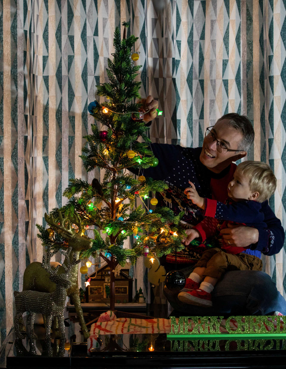 Ross Farr-Semmens and his son Ronnie aged 20 months, alongside their christmas tree lights. (SWNS)