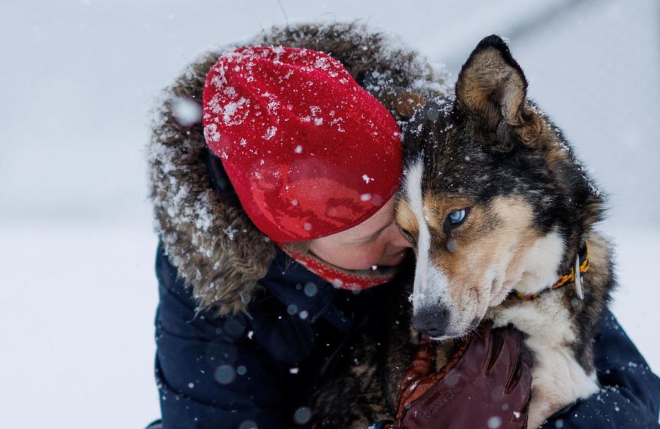 Kings Bay AS accountant Sunniva Berge Mo hugs her dog Zelda (Reuters)