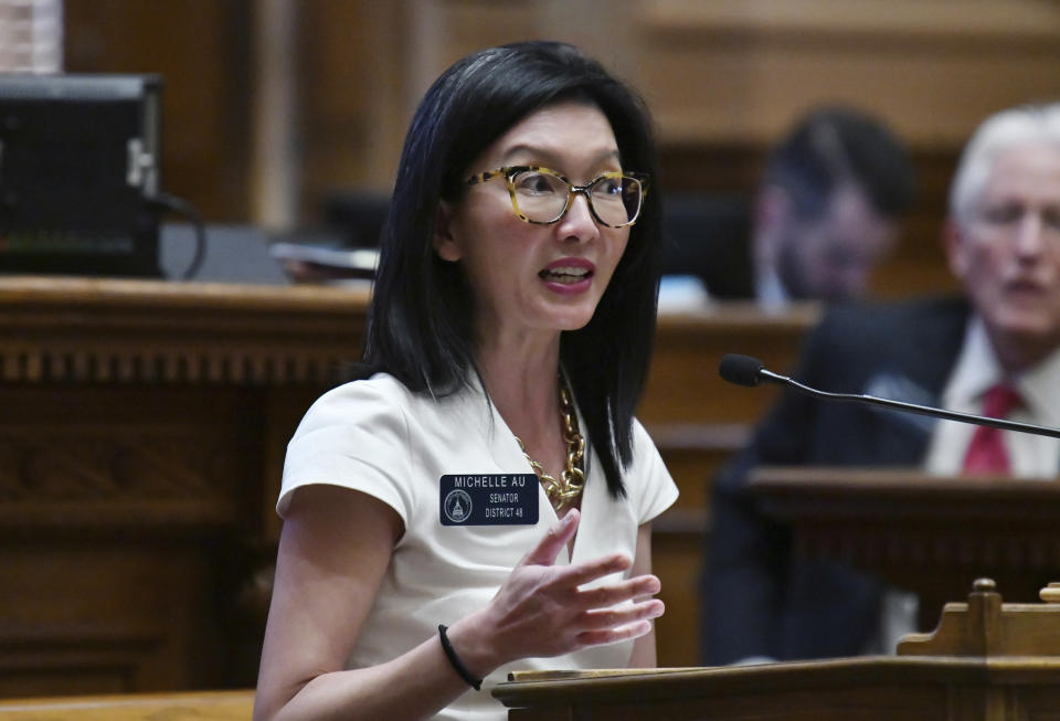 FILE - Georgia Sen. Michelle Au, D-Johns Creek, speaks in the Senate Chambers of the state Capitol, Nov. 19, 2021, in Atlanta. A bill that would ban any “agent” of China from buying farmland or land near military installations in Georgia passed the state House on Thursday, March 21, 2024. Au, a Democrat who is Chinese American, said she has been accused during her time in the General Assembly of being an “agent of the Chinese Community Party, a spy, a plant, un-American and a foreign asset.” (Hyosub Shin/Atlanta Journal-Constitution via AP, File)