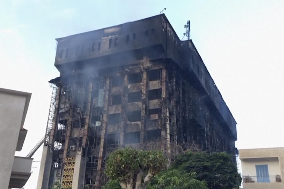This image made from a video, shows a police headquarters in Ismailia, northeastern Egypt following a fire Monday, Oct. 2, 2023. A huge fire broke out early Monday in the police headquarters, injuring multiple people, the health ministry said. (AP Photo)