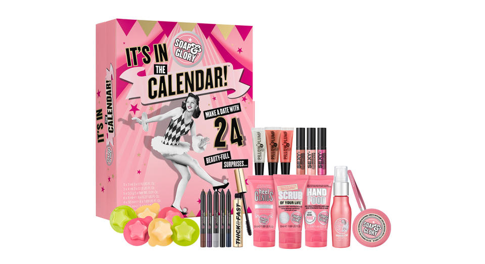 <p>Find miniature versions of your go-to Soap and Glory products in this year’s beauty advent calendar. The brand’s 2018 edition features 24 products including Sexy Mother Pucker glosses and a buttery body moisturiser that we can’t wait to try. Available nationwide <a rel="nofollow noopener" href="https://www.boots.com/soap-and-glory-its-in-the-calendar-gift-set-10249191?affwin&awc=2041_1540300927_32e87554e798861c250f02bf7a8b8ba9&cm_mmc=affiliates-_-Editorial%20Content-_-mirror%2Eco%2Euk-_-affiliate" target="_blank" data-ylk="slk:now;elm:context_link;itc:0;sec:content-canvas" class="link ">now</a> for £40. </p>