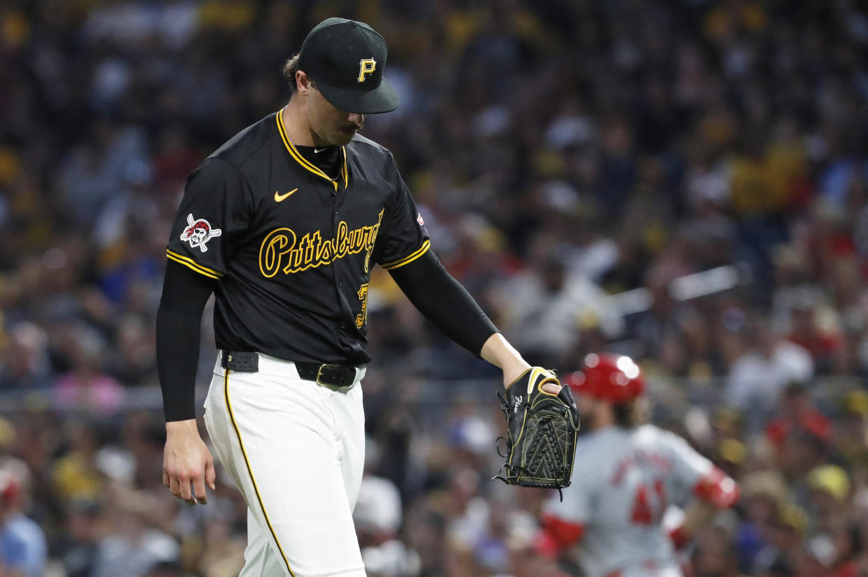 Paul Skenes reacts after surrendering the game-winning run to St. Louis in the ninth inning. (Charles LeClaire/Reuters)