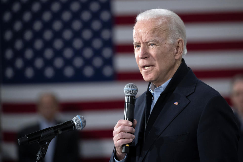 Democratic presidential candidate former Vice President Joe Biden speaks during a campaign rally, Tuesday, Feb. 4, 2020, in Nashua, N.H. (AP Photo/Mary Altaffer)