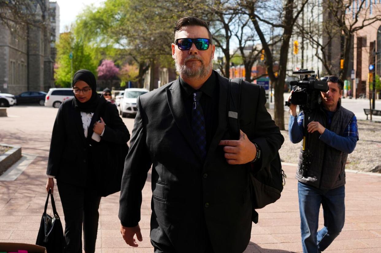 Pat King, who is facing nine charges for his role in what became known as the 2022 Freedom Convoy, arrives at court for the start of his criminal trial in Ottawa on May 13, 2024. (Sean Kilpatrick/The Canadian Press - image credit)