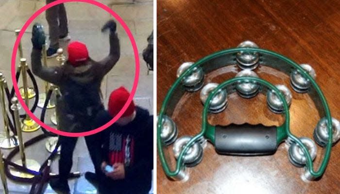 A side-by-side photo of Sara Carpenter inside the Capitol on Jan. 6 and a photo of the tambourine she carried.