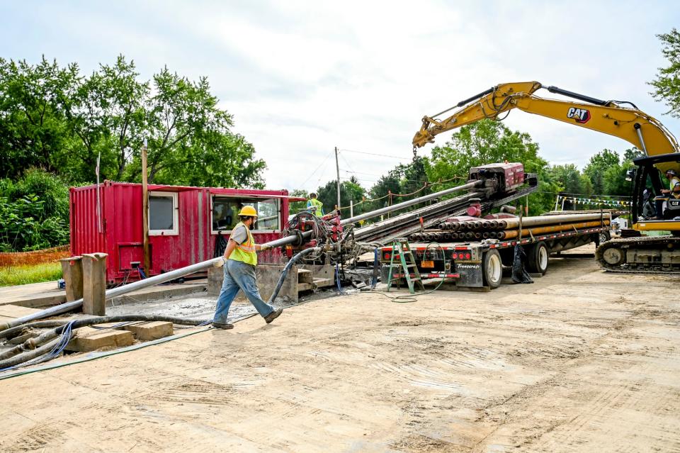 An underground drill is used to ream a hole where new natural gas pipeline is being installed at a work site of the Mid-Michigan Pipeline project on Monday, Aug. 14, 2023, in Unadilla Township.