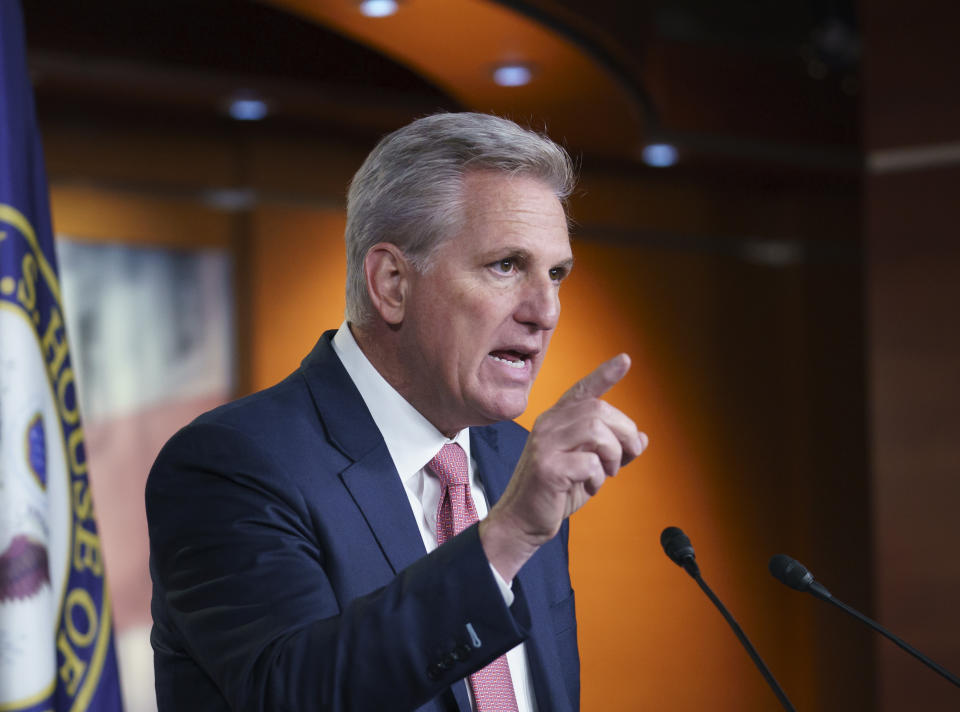 House Minority Leader Kevin McCarthy, R-Calif., criticizes Democrats on immigration policy during his weekly news conference at the Capitol in Washington, Thursday, March 18, 2021. He also said that Rep. Eric Swalwell, D-Calif., should be removed from the House Intelligence Committee. (AP Photo/J. Scott Applewhite)