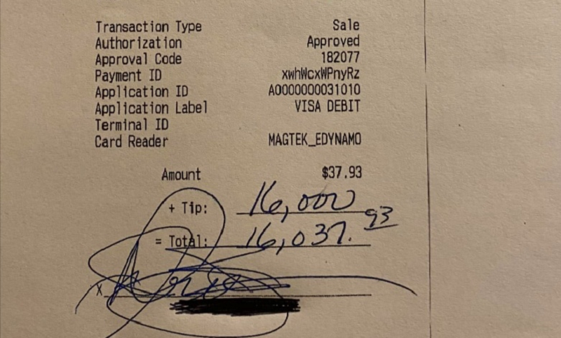 Diner surprises restaurant workers by leaving a US$16,000 tip. ― Picture via Facebook/ Michael Zarella