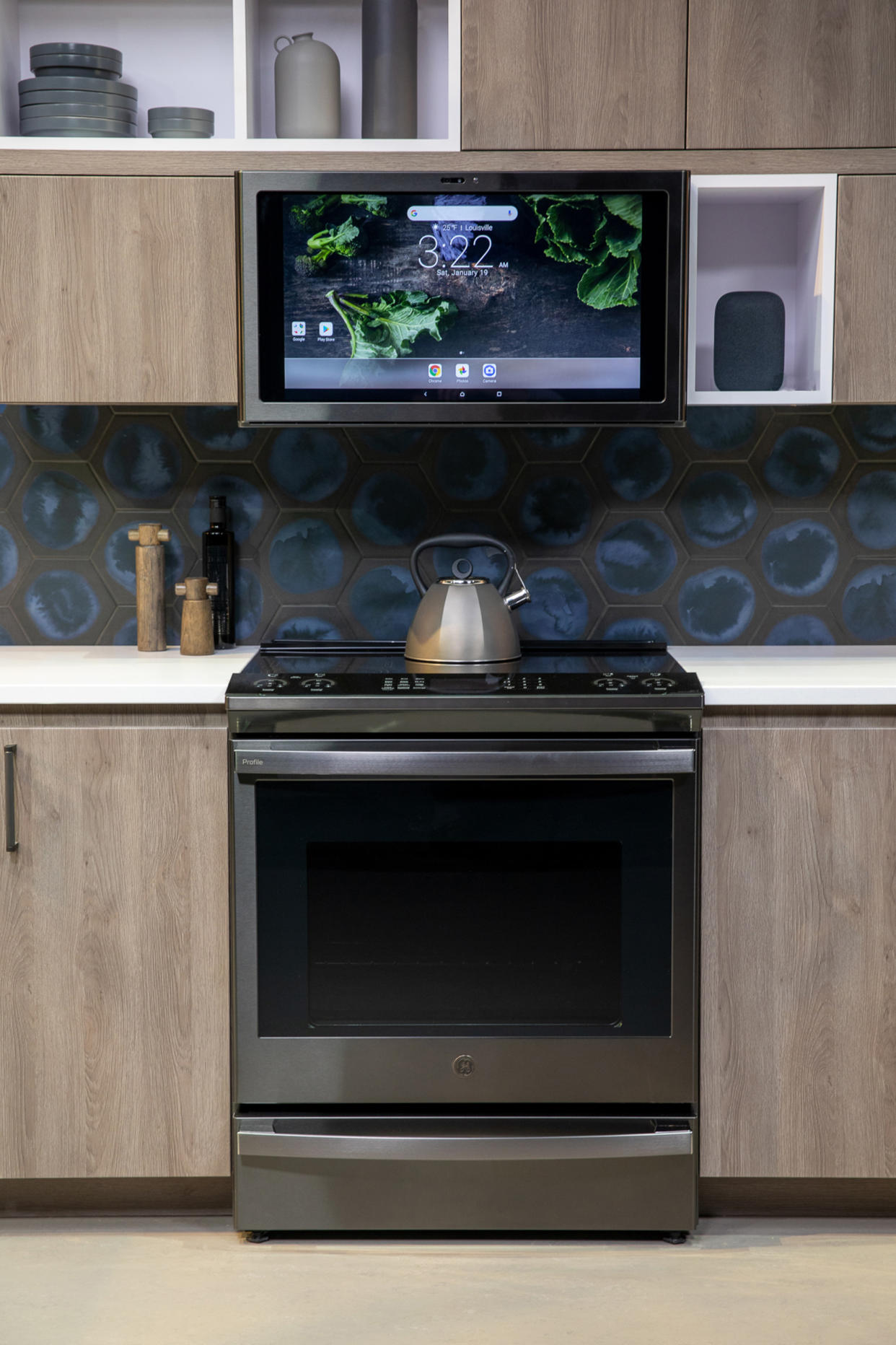 GE’s Kitchen Hub centralizes smart home tools and offers a guided cooking app and Google assistant besides streaming TV and web browser. (GE)